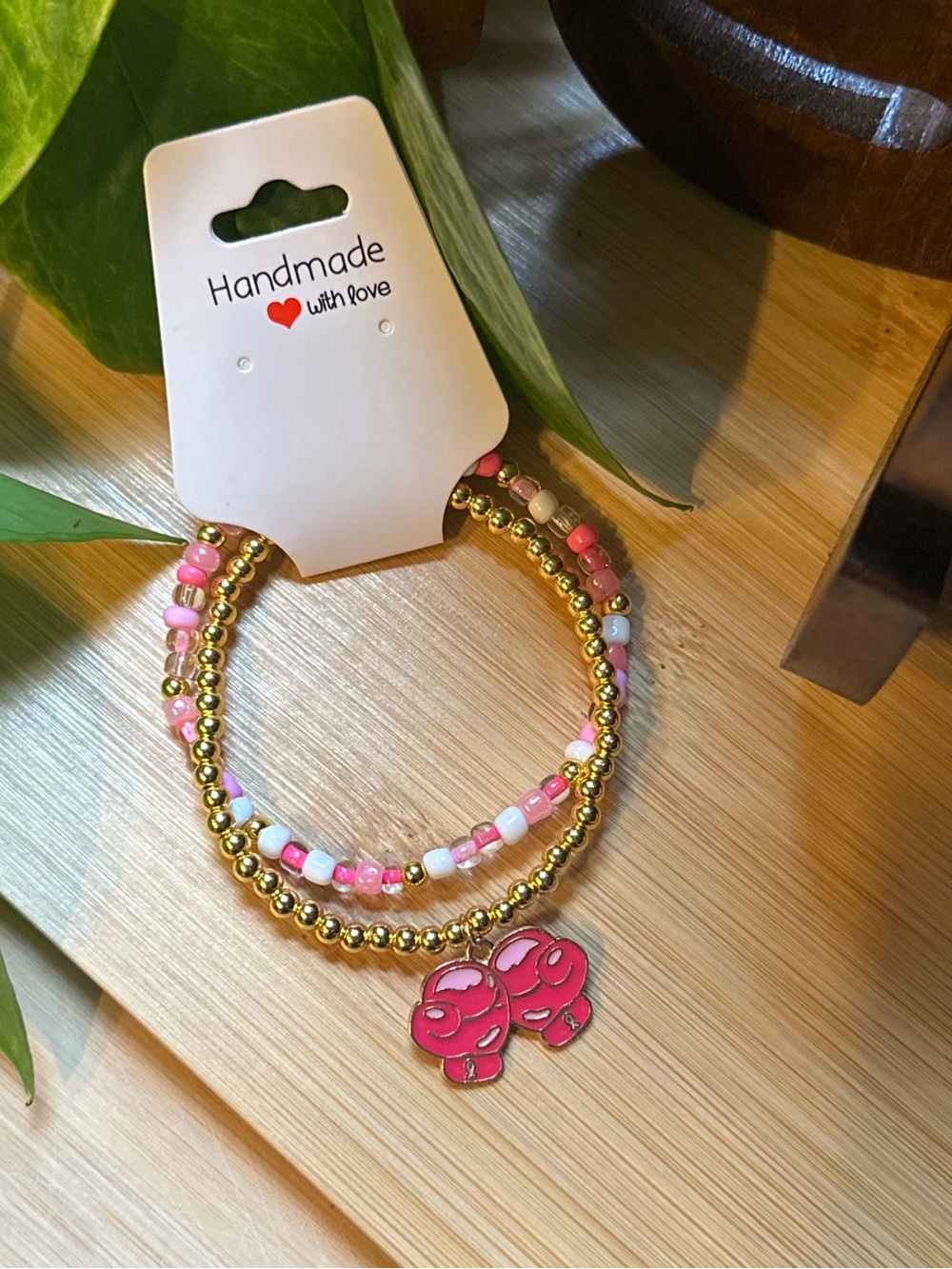 🎀Breast Cancer Awareness 2-PC Stretchy Bracelet Set | Handmade |Dangle Charm🎀